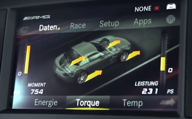Display im SLS Electric Drive informiert den Fahrer über die aktuelle Drehmomentverteilung an den Rädern