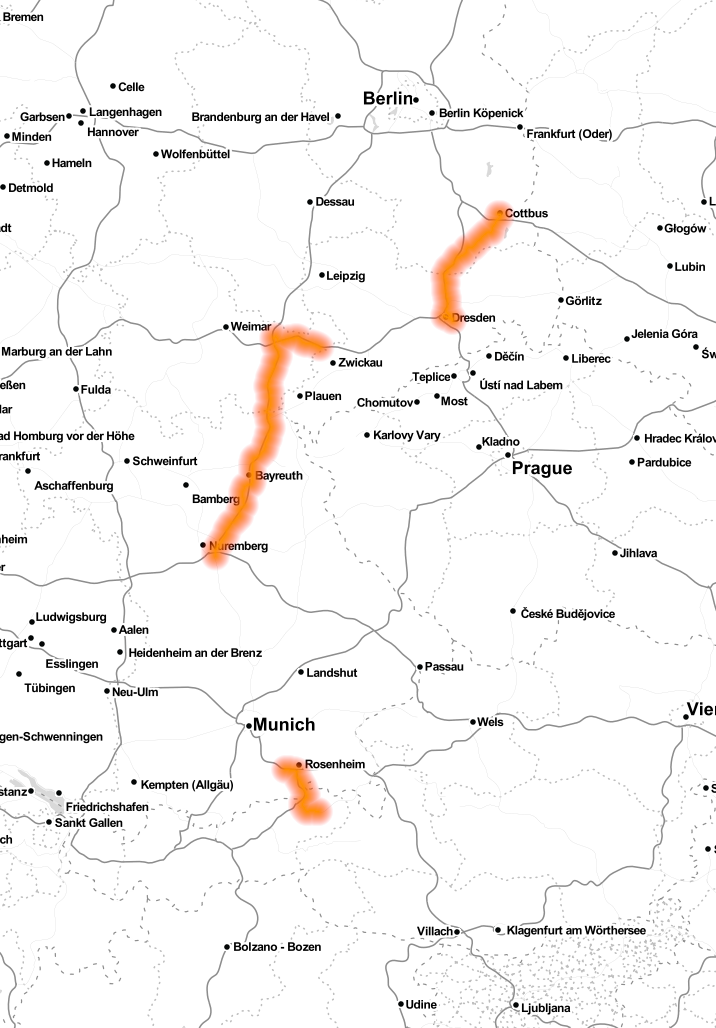 Beispiel: Extended Floating Car Data zeigt, wo Fahrzeuge mit aktiviertem Scheibenwischer unterwegs sind. Map tiles by Stamen Design, under CC BY 3.0. Data by OpenStreetMap, under CC BY SA.